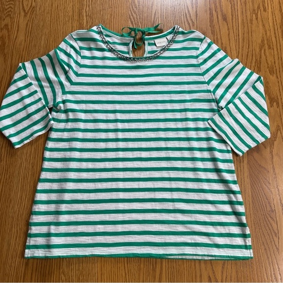 Chico’s Striped Embellished-Neckline Green White Top Size Large - Picture 1 of 7